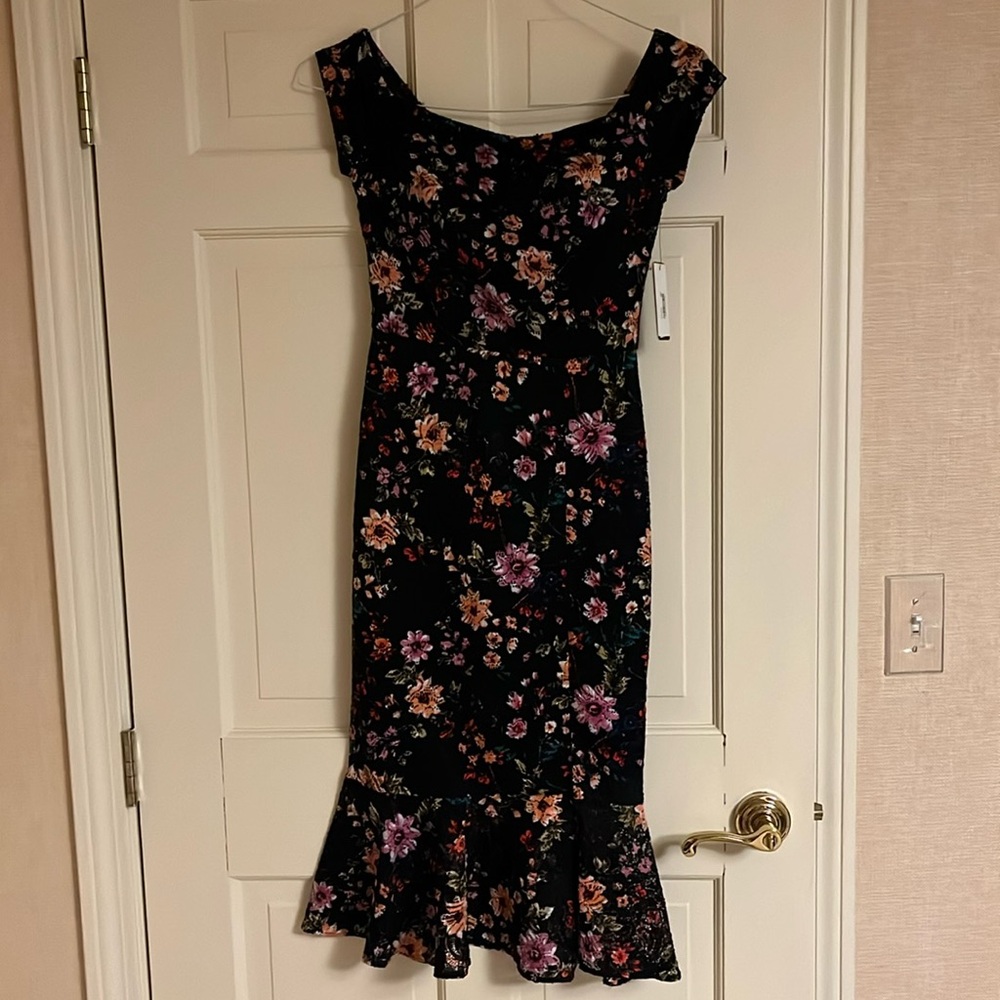 Guess Mid length Black Lace dress, cap sleeve with multi color floral design
